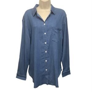 Fantastlook Chambray Lyocell Button Up Shirt Womens Large Hi Low Denim Look NWT